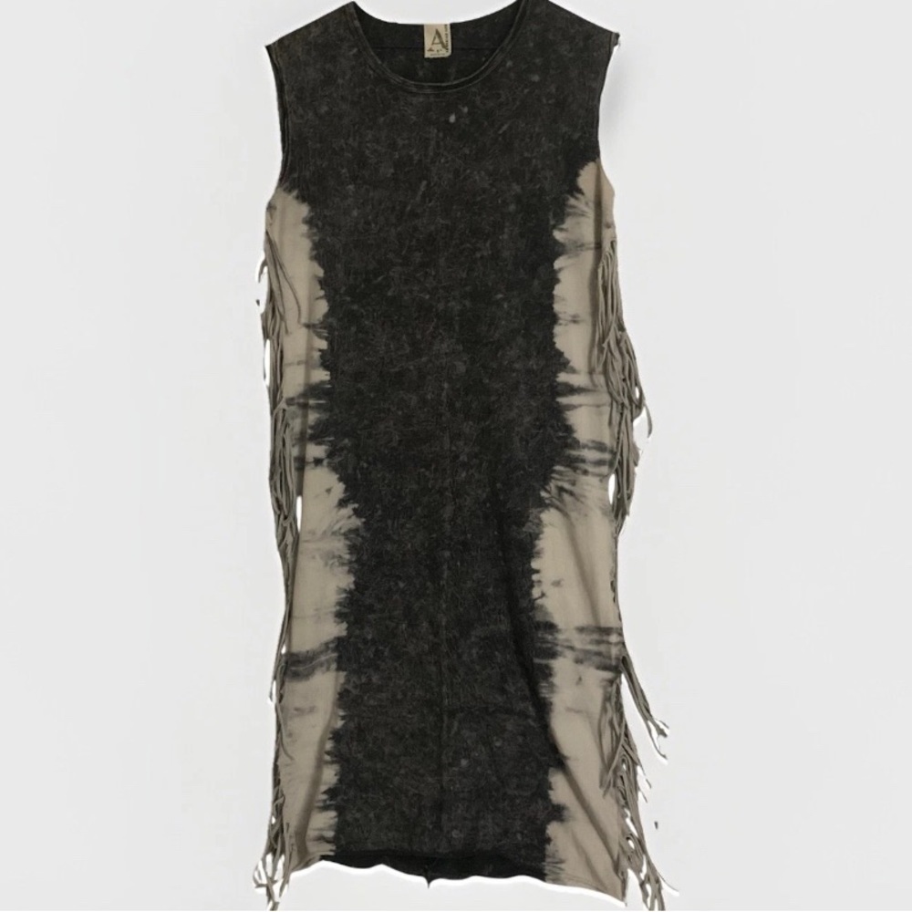 American Age‎ Acid Wash Black & White Fringe Dress Size S Hippie Boho Y2K